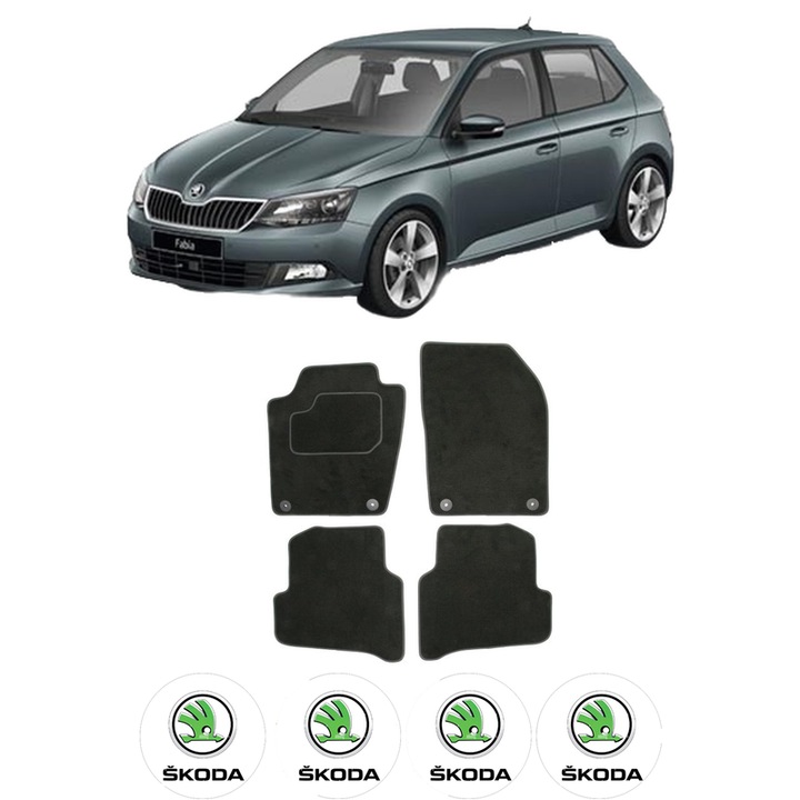 Set Covorase Presuri SKODA FABIA III (NJ3) din 2014-2021, Auto, Material Textil Mocheta, 4 Stickere auto cu SKODA