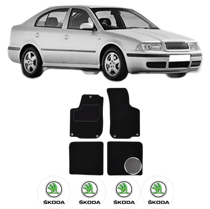 Set Covorase Presuri SKODA OCTAVIA I (1U2) din 1996-2010, Auto, Material Textil Mocheta, 4 Stickere auto cu SKODA