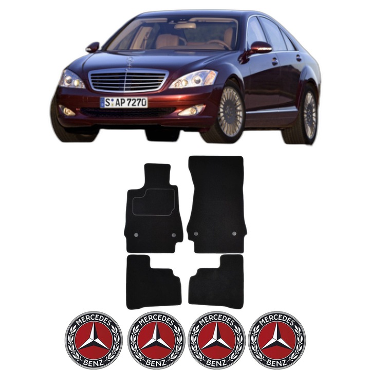 Set Covorase Presuri MERCEDES-BENZ S-CLASS (W221, V221) din 2005-2013, Auto, Material Textil Mocheta, 4 Stickere auto cu MERCEDES-BENZ