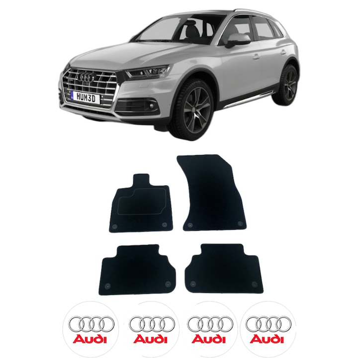 Set Covorase Presuri AUDI Q5 (FYB, FYG) din 2016-2020, Auto, Material Textil Mocheta, 4 Stickere auto cu AUDI