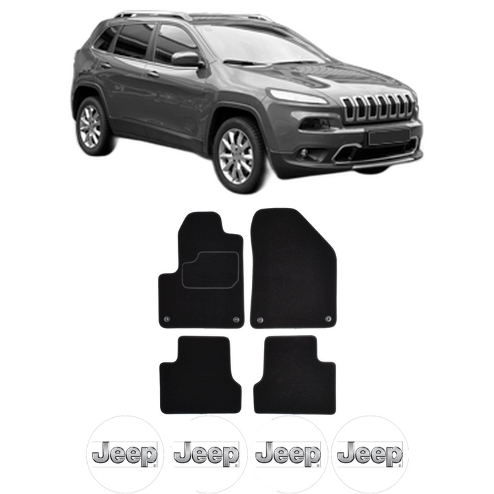 Set Covorase Presuri JEEP CHEROKEE (KL) din 2013-2018, Auto, Material Textil Mocheta, 4 Stickere auto cu JEEP