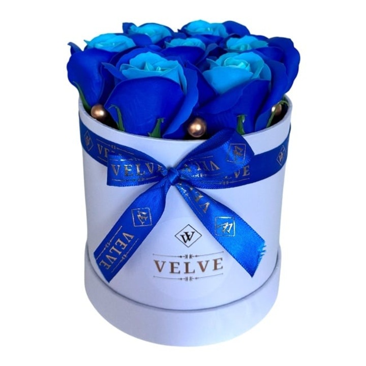 Aranjament floral Glamour Double Color, cutie rotunda cu 7 trandafiri sapun, bicolor, Albastru - Bleu, Velve
