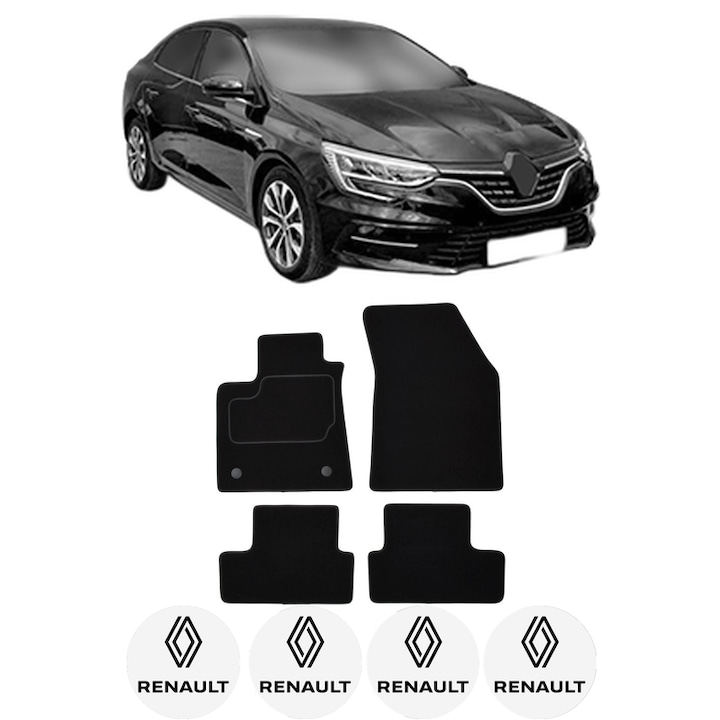 Set Covorase Presuri RENAULT MEGANE IV din 2015-2020, Auto, Material Textil Mocheta, 4 Stickere auto cu RENAULT