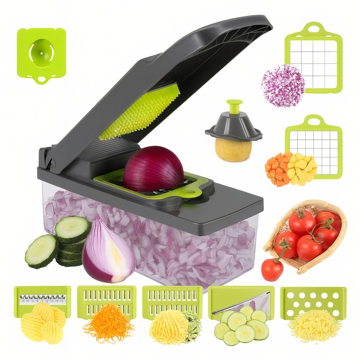Razatoare Multifunctionala Cu 14 Accesorii, Tocator Legume Si Fructe Cu Lame Din Inox, Cos De Scurgere, Recipient Transparent, Maner Cu Protectie