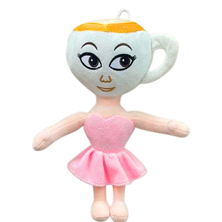 Jucarie de plus balerina Cappuccina, design creativ tip ceasca, material moale si pufos, papusa decorativa, culoare roz-alb, 30 cm