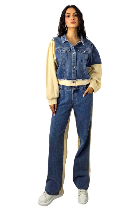 Compleu cu panou de blugi, Samya, pantaloni si jacheta hibrid, Crem, Marime S/M, FashionForYou