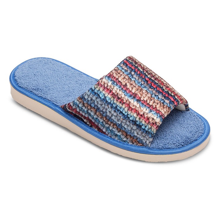 Papuci de casa pentru dama din materiale textile naturale, Albastru, 40