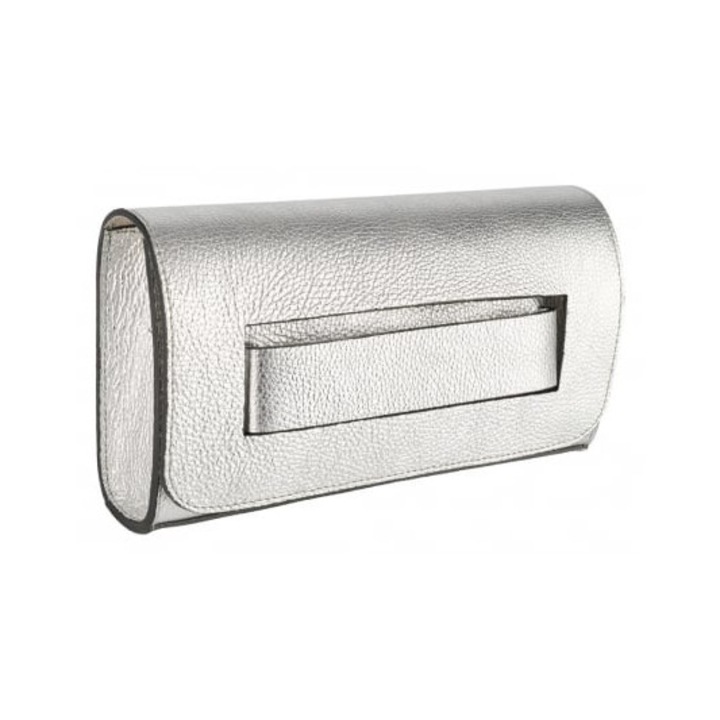 Geanta Isolde, din piele naturala sidefat, cu accesorii metalice aurii 8216, Argintiu metalizat, 28x15x6