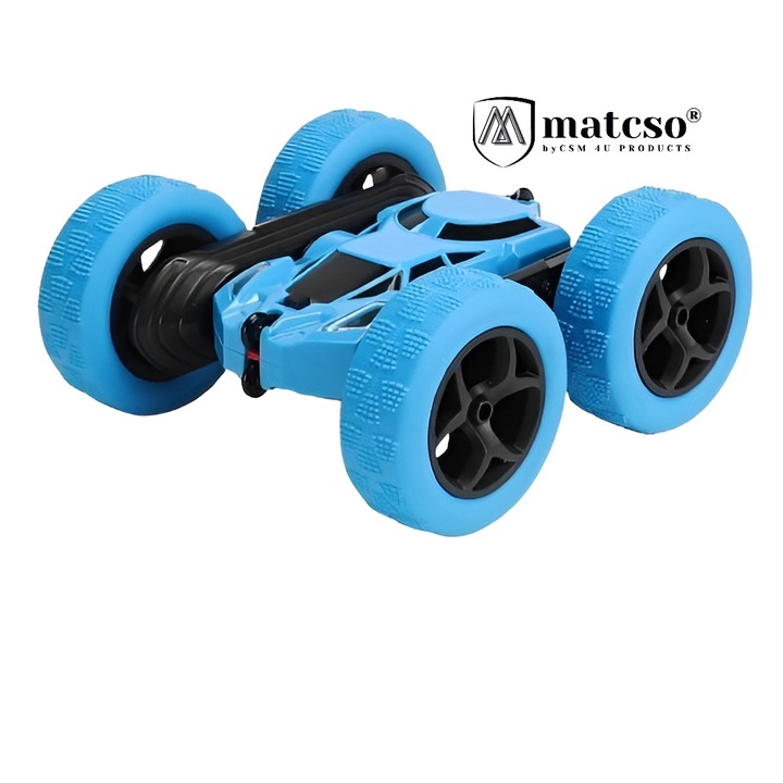 Masinuta de Cascadorie RC Pentru Copii, Matcso® 828A, Fata Dubla, Tractiune Integrala 4x4, Rotatie 360°, Rasturnari De 180 Grade, Viteza Mare, Lumini LED, Baterie Reincarcabila, Raza de Actiune 50 M, Albastru