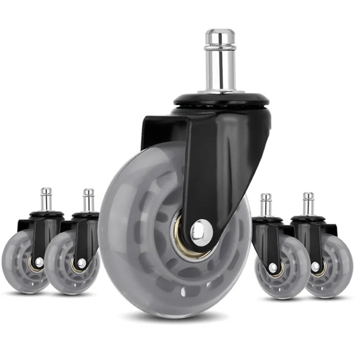 Set 5 roti premium GSM CARE, PU, tija 11mm pentru scaune de birou si gaming, diametru 64mm, Gri