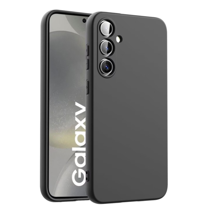 Защитен калъф, съвместим със Samsung Galaxy S25, Гъвкав Матов Силикон, Защита на Камерата, Повдигнати ръбове за защита на екрана, Черен