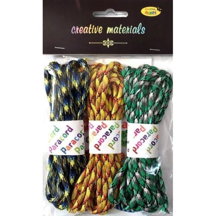 Set paracord pentru proiecte artizanat, Galeria Hobby, 3 culori, rezistenta 250kg, elastic, 2.8m