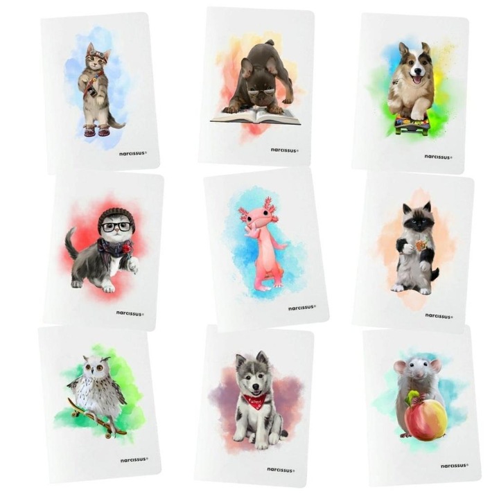 Комплект тетрадки A5/32K с графика на животни, полипропилен, 9 броя