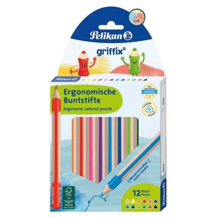 Creioane colorate Griffix Pelikan, set 12 culori, ergonomice, efect acvarel, 140mm