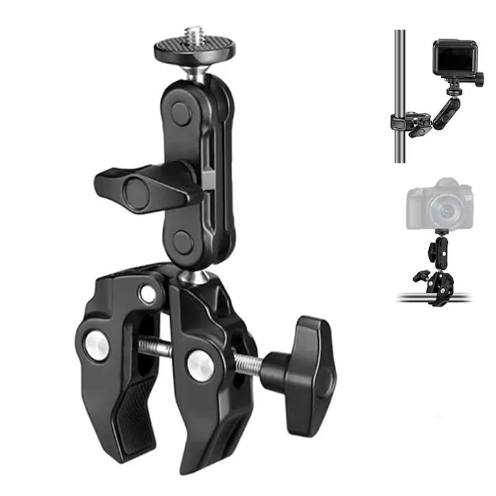 Menghina Pentru Clema Foto, Garsonal®, 360°, Cu surub 1/4 Si 3/8 Inch, aluminiu, ajustabil, 60mm, set 2 bucati, Negru