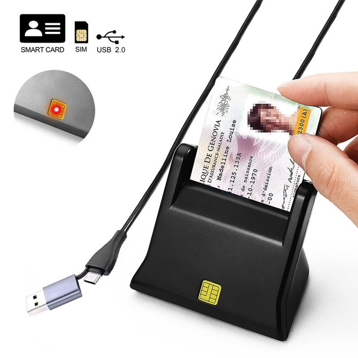 Cititor electronic carti de identitate, Garsonal®, USB 2.0, 480 Mbps, 80 x 74 x 63 mm, Negru