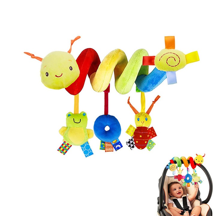 Jucarie spirala pentru carucior si patut, Garsonal®, cu trei jucarii de plus, sunete, 22x18cm, + 0 luni, Multicolor