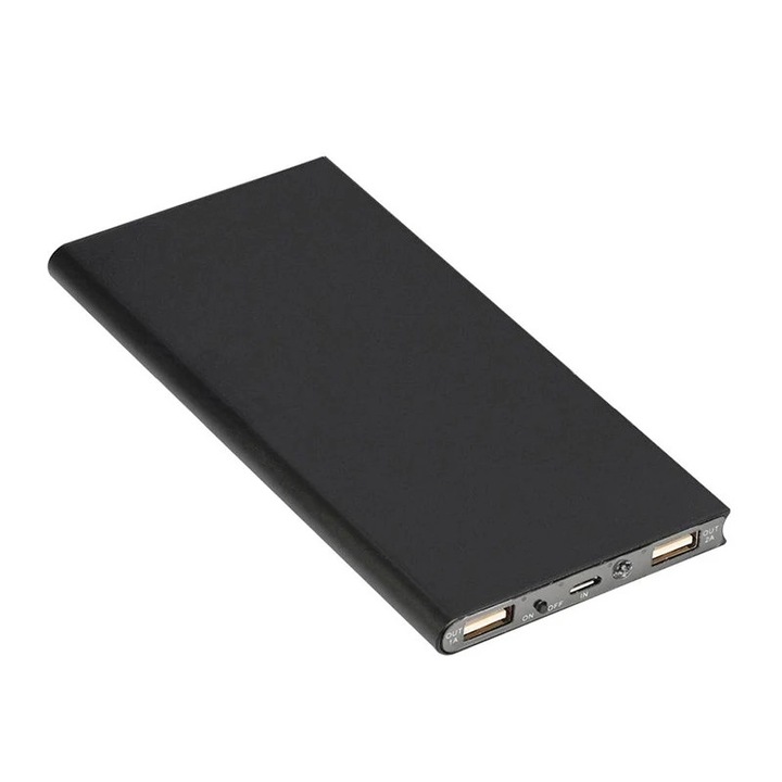 Baterie Externă 10000 mAh, 2 Porturi USB, Compactă, Negru