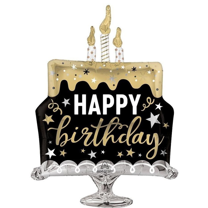 Фолиев балон Торта за рожден ден, Anagram, черен, златен, комплект 1 бр.