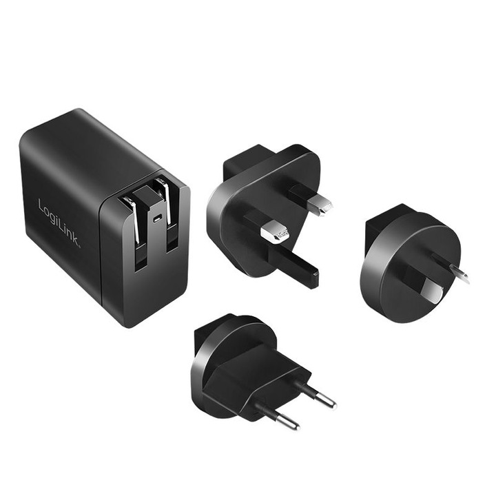 Logilink utazóadapter, USB aljzat, QC 3 18W, fekete