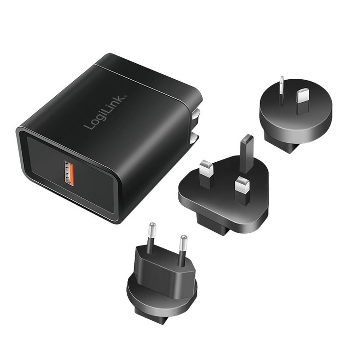 Logilink utazóadapter, USB aljzat, QC 3 18W, fekete
