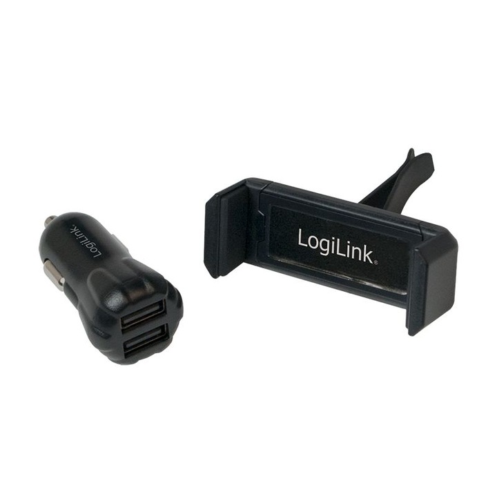 Logilink PA0133 USB car charger + mobile holder Black, 293520, Töltő
