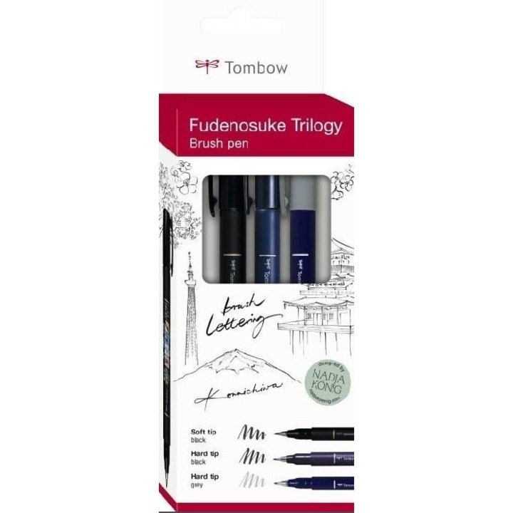 Комплект маркери тип четка Tombow Fudenosuke, 3 броя, многоцветни