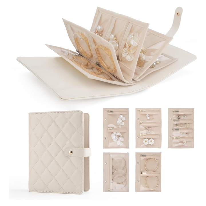 Organizator bijuterii jewel pliabil, Hggzeg, Cutie bijuterii portabila, Pungi pentru bijuterii, Cu 5 sertare, Compacta, Pentru Calatorii, Pentru inele, lantisoare, cercei, bratari, PU, 19.5 x 14.5cm, Alb