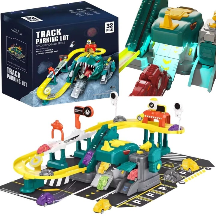 Dinoszaurusz és kozmikus témájú parkoló, 5 kisautóval, fény- és hanghatásokkal, 60,3x39,1x21cm, 6+ éves gyermekeknek