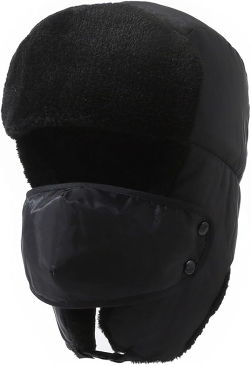 Caciula aviator unisex, cu urechi, vizor detasabil, calduroasa si rezistenta la vant, neagra, dimensiune universala