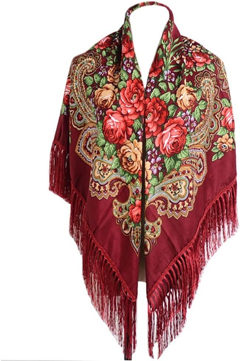 Esarfa traditionala pentru femei, imprimeu floral, 127x127cm, cu ciucuri, multicolor