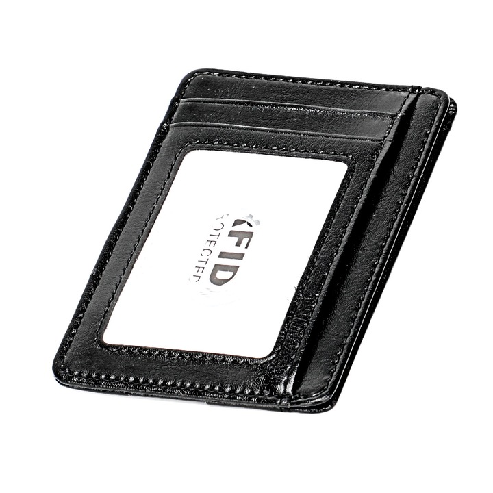 Portofel barbati, portcard subtire, 6 sloturi pentru carduri, 1 fereastra pentru permis, piele PU, negru