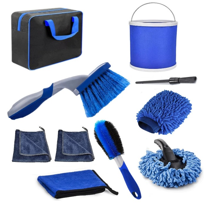 Set de 10 pensule pentru curatarea masinii, accesorii auto, diverse forme si dimensiuni, organizare usoara, multicolor