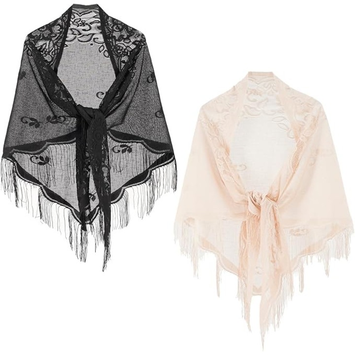 Esarfa triangulara din dantela florala, set de 2 bucati, neagra si alba, 180x70cm