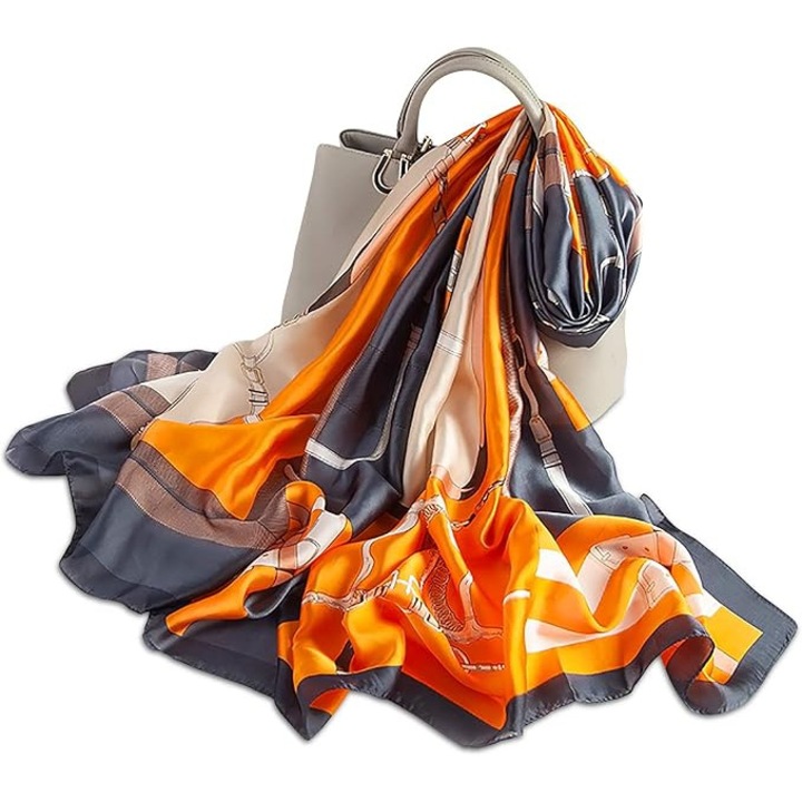 Esarfa din matase pentru femei, model retro, multicolor, 70x180cm, set de accesorii elegante