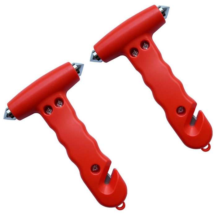 Ciocan de siguranta auto, set 2 piese, instrument multifunctional pentru salvare, rosu, portabil