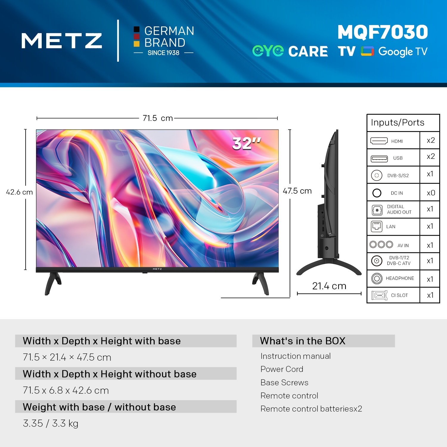 Televizor METZ QLED 32MQF7030Z, 80 cm, Smart Google TV, HD, Clasa E (Model 2025)