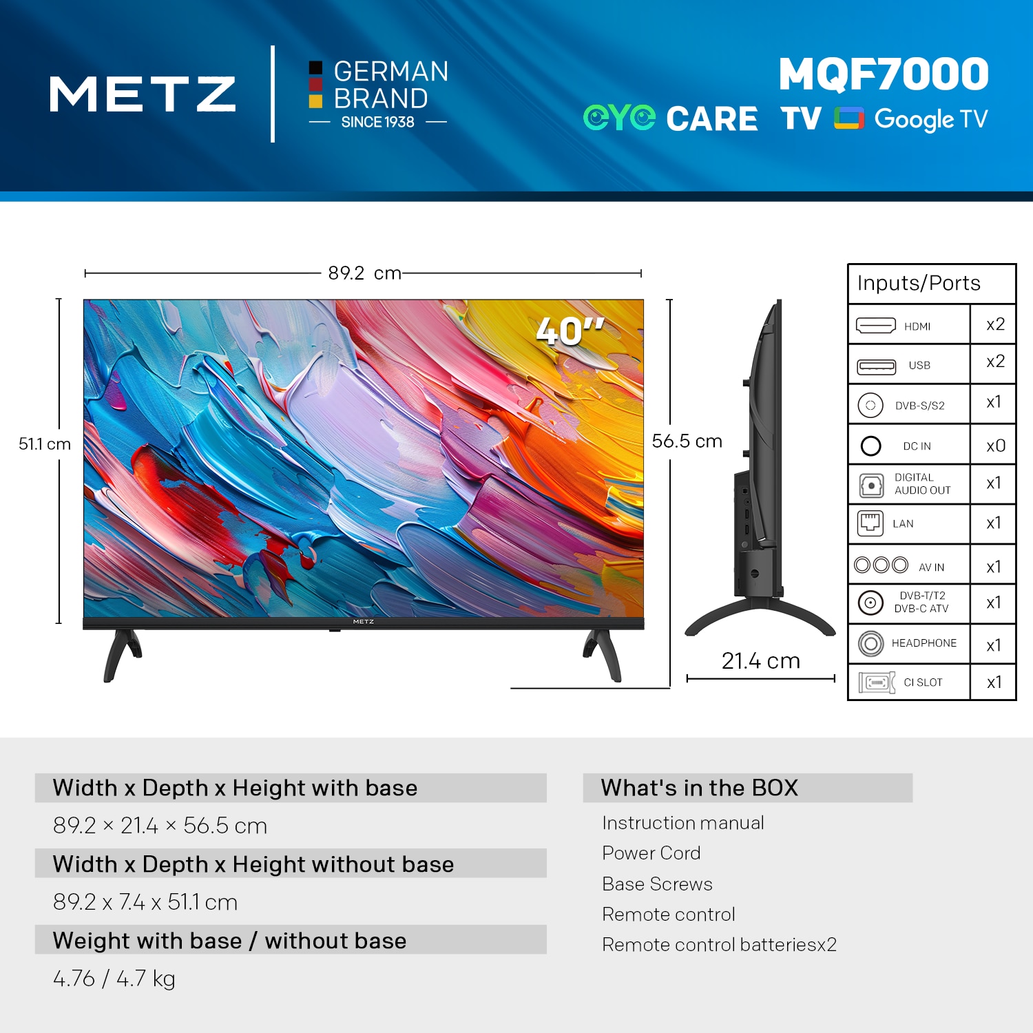 Televizor METZ QLED 32MQF7000Z, 80 cm, Smart Google TV, HD, Clasa