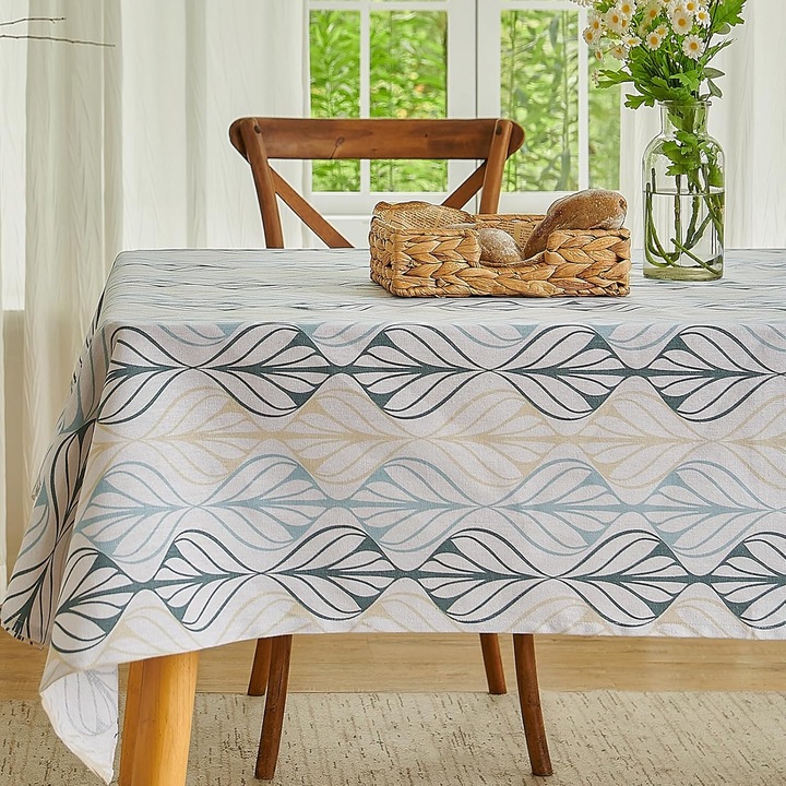 Fata de masa din bumbac si in, design vintage cu frunze stripe, 140x180cm, reutilizabila, pentru interior si exterior