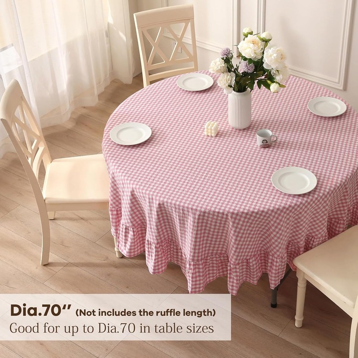 Fata de masa rotunda din bumbac, design carouri roz si alb, volane, 70 inches diametru