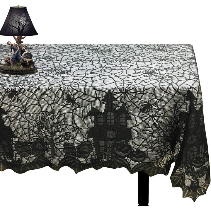 Fete de masa set, dantela neagra gotica, 53x68 inches, decor Halloween, motive paianjen, dovleci, cranii