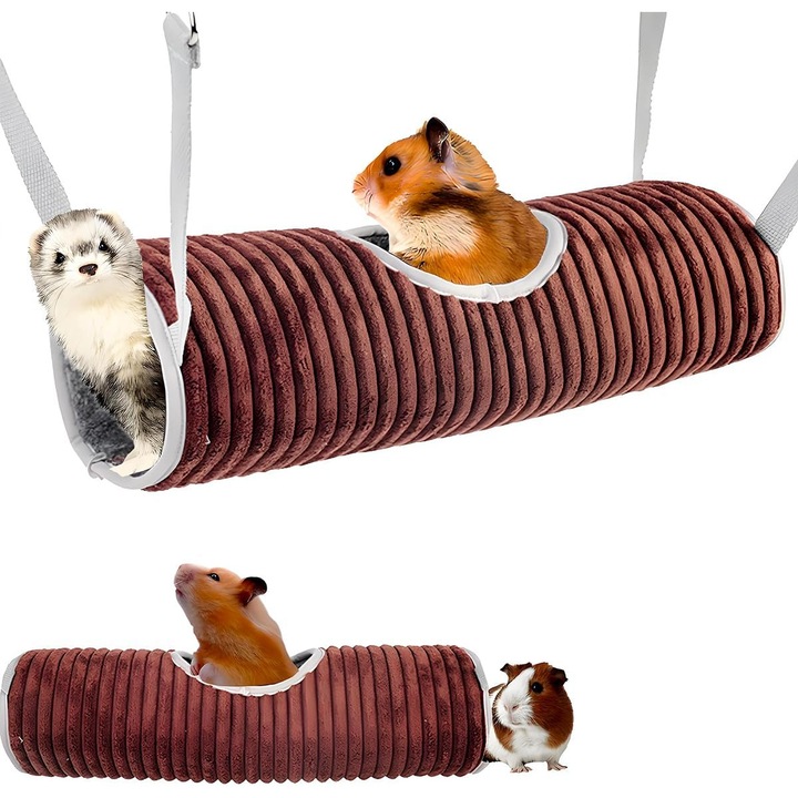 Culcus pentru rozatoare, tunel pentru hamster, 2 in 1, captusit cu fleece, 14.3x4.3in, maro