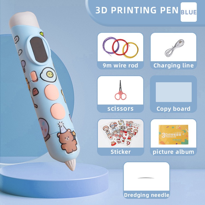 Creion 3D, pena creativa, tehnologie de temperatura joasa, albastru, set pentru copii