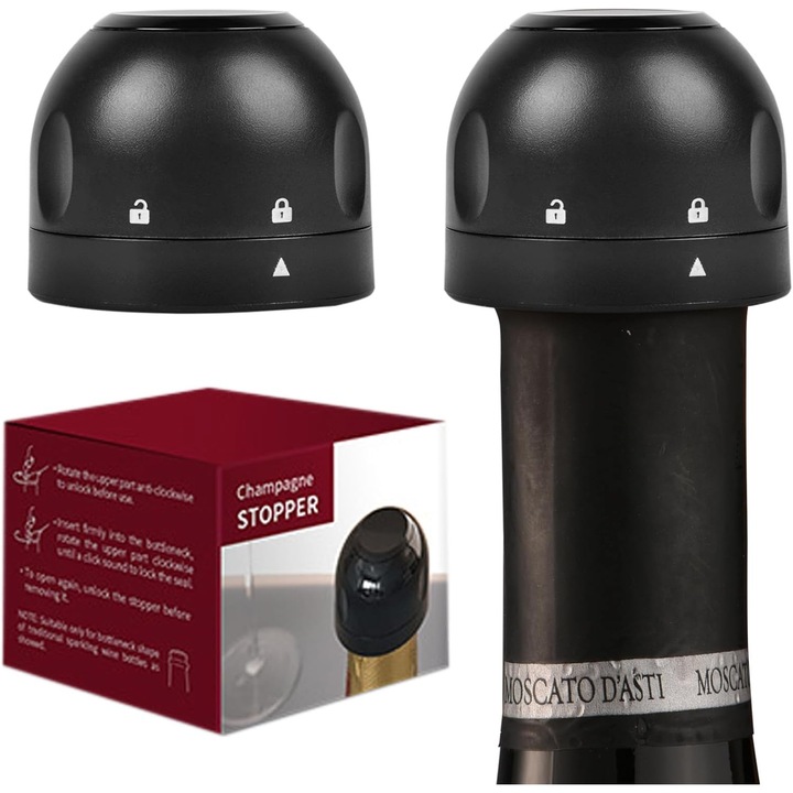 Set 2 dopuri pentru sticle de sampanie, stoppers reutilizabile din silicon, functie de blocare, 39x32mm, multicolor