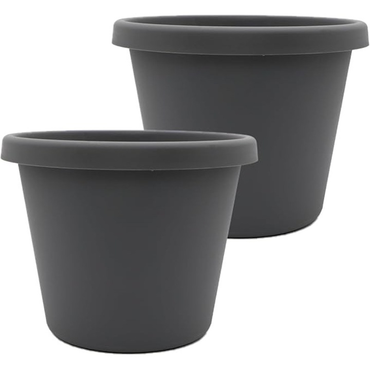 Ghivece rotunde din plastic, 10 inch, gri cald, set de 2, rezistente la UV, cu 10 gauri de drenaj