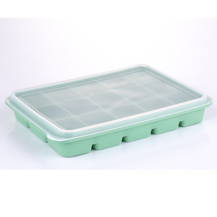 Set forme cuburi de gheata, silicon flexibil, capac detasabil, verde bambus, 2 piese