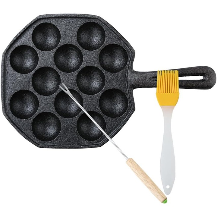 Tigai din fonta, 18cm, set cu spatula din otel inoxidabil si perie, pentru 3-5 persoane, multicolor
