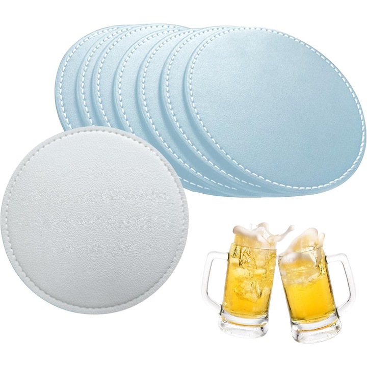 Set 10 suporturi bauturi din piele, rotunde, antiderapante, argintii si bleu deschis, 10cm
