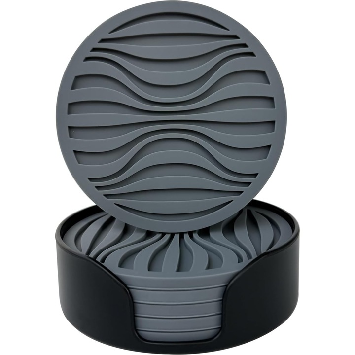 Set de 6 suporturi pentru bauturi din silicon, design gros, model rotund, antiderapant, gri, 10cm