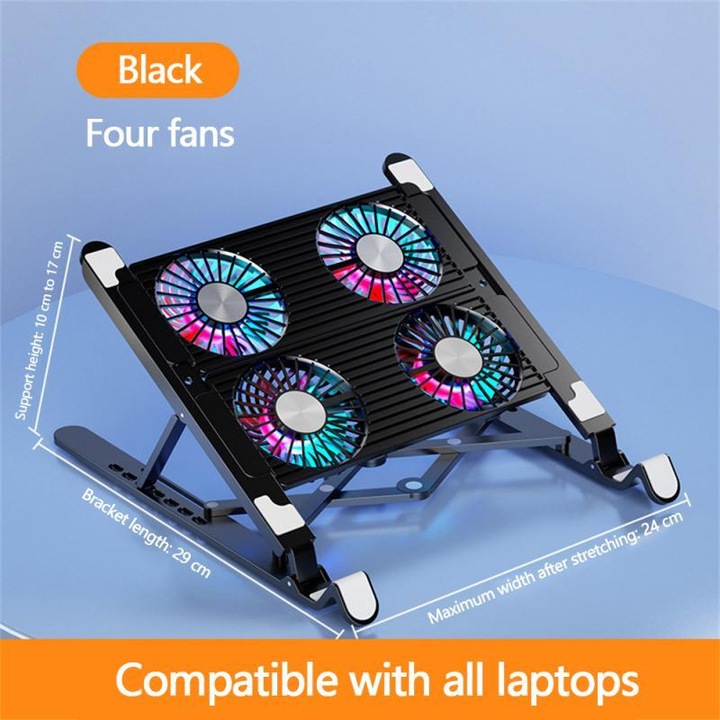 Pad de racire pentru laptop, suport pliabil, 4 ventilatoare silentioase, 7 inaltimi ajustabile, cu lumini LED, 11-17.3 inch